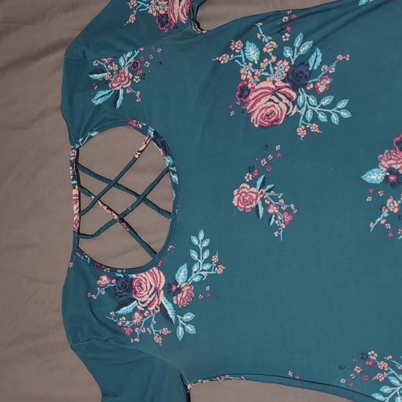 Teal blue & ๐ธ pink floral mini dress long sleeve strappy criss cross open back - Picture 11 of 13